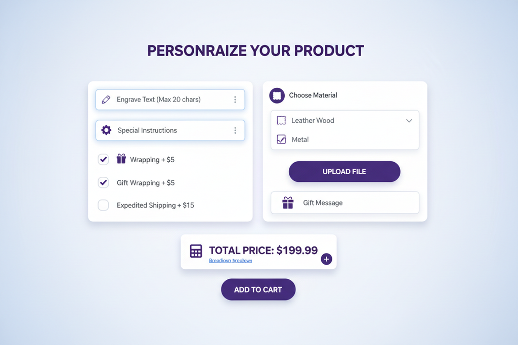 WooCommerce Product Add-Ons allows you to offer extra product options such as text fields, checkboxes, dropdowns, file uploads, gift messages, custom pricing, and more. It is ideal for stores that sell personalized products, custom-built items, services, and configurable packages.